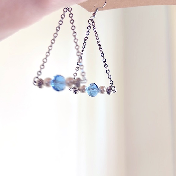 Stunning Chain Earrings Czech Blue Sapphire 8mm Round Faceted Beads+Pearl+Beaded - Picture 6 of 16